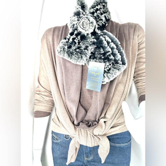 Real Rex Rabbit Fur Gray Ombre Wrap Scarf Winter Warm Rosette Fluffy Soft - Picture 2 of 6